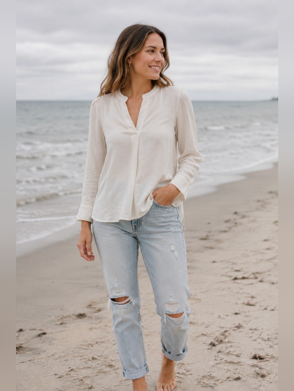 Old Navy Long Sleeve Split Neck Pleated Daisy Top in Dawn Light Women's XSP NWT